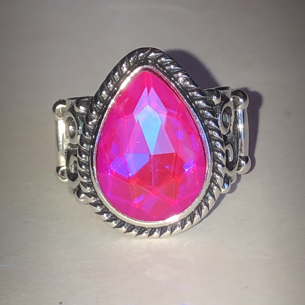 Silver Tone Pink Teardrop Crystal Statement Ring